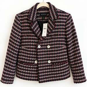 Ann Taylor Tweed Double Breasted Blazer Jacket Fringed Red Navy Black